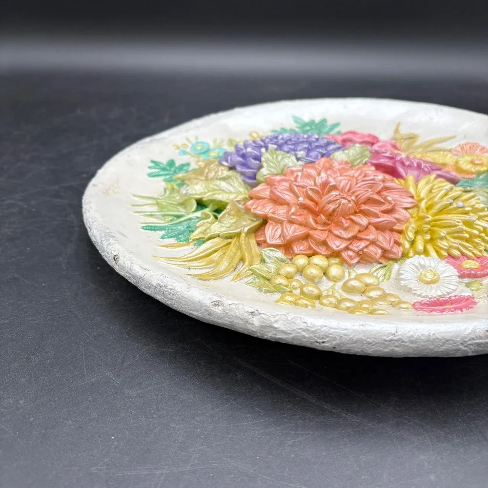 Vtg 3D Chalkware Floral Wall Plaque Dahlias Botanical Decor Cottagecore